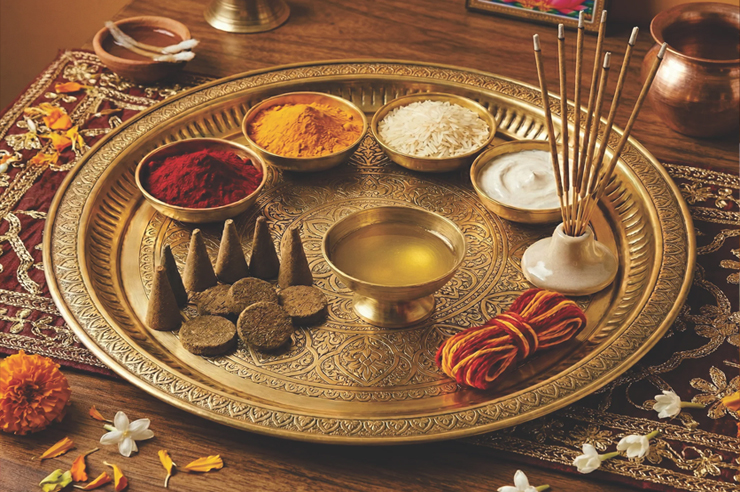 Diyas and puja items for traditional ceremonies